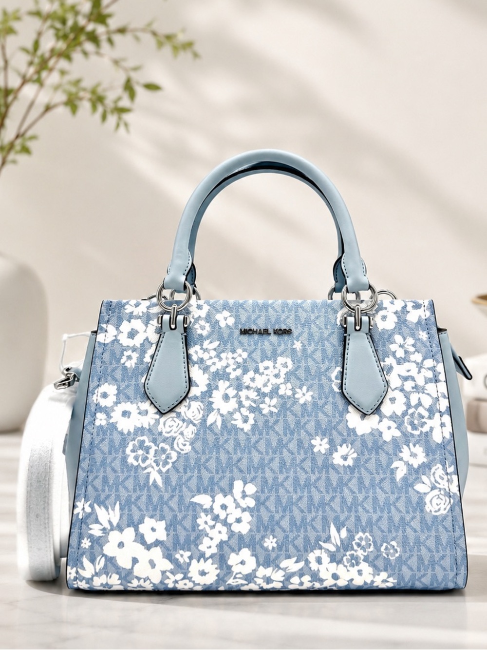 Michael Kors Marilyn Medium Printed Signature Logo Satchel Bag - Pale Ocean